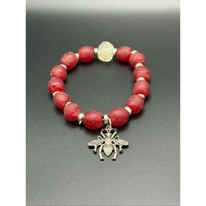 Handmade African Beaded Bracelet, NEW, Stretch, Red and White,Artisan